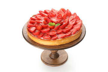 Strawberry tart on wooden stand isolated on white background - obrazy, fototapety, plakaty