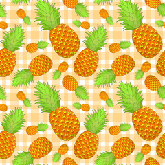Pineapple seamless pattern on gingham background. Tropical fruit repeating endless texture. Yummy boundless background. Food surface pattern design. Editable tile for textile or stationery