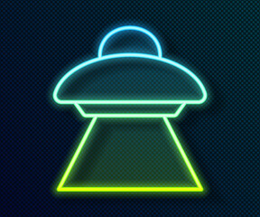 Glowing neon line UFO flying spaceship icon isolated on black background. Flying saucer. Alien space ship. Futuristic unknown flying object. Vector