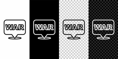 Set line The word war icon isolated on black and white, transparent background. International military conflict. Army. Armament. Nuclear weapon. Template for text. Vector