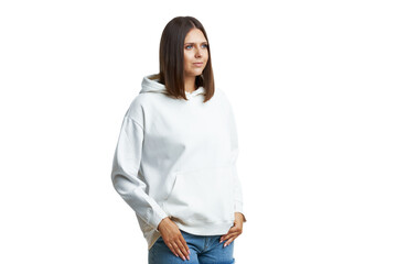 Young woman in white hoodie isolated