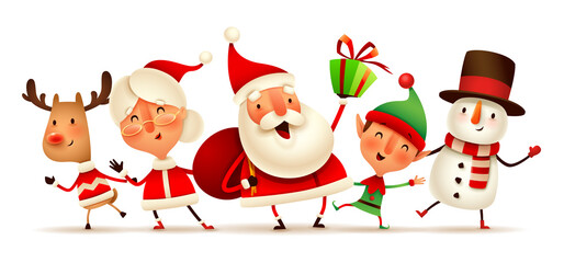 Happy Christmas companions. Christmas character - Santa Claus, Mrs.Claus, Snowman, Reindeer and Elf on white background. Isolated.