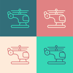 Pop art line Helicopter aircraft vehicle icon isolated on color background. Vector