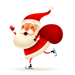 Christmas character - Santa Claus skating with a Christmas sack on white background. Isolated.