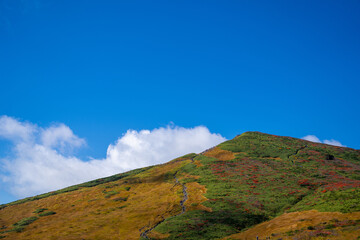 宮城県栗原市、秋田県湯沢市、雄勝郡東成瀬村、岩手県一関市にある栗駒山を紅葉の時期に登山する風景A view of climbing Mt. Kurikoma in Kurihara City, Miyagi Prefecture, Yuzawa City, Akita Prefecture, during the autumn foliage season.
