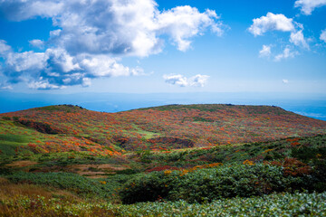 宮城県栗原市、秋田県湯沢市、雄勝郡東成瀬村、岩手県一関市にある栗駒山を紅葉の時期に登山する風景A view of climbing Mt. Kurikoma in Kurihara City, Miyagi Prefecture, Yuzawa City, Akita Prefecture, during the autumn foliage season.