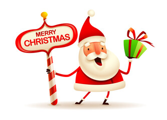 Christmas character - Santa Claus with Christmas gift box present and North Pole signboard on white background. Isolated.