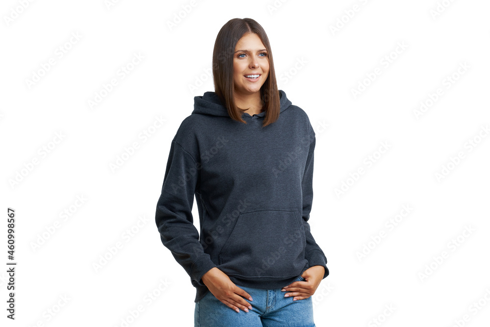 Wall mural young woman in gray hoodie isolated - Wall murals