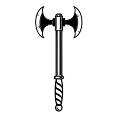 Illustration of ancient combat axe in vintage monochrome style. Design element for logo, label, sign, emblem, poster. Vector illustration
