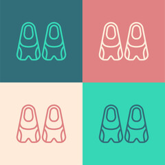 Pop art line Rubber flippers for swimming icon isolated on color background. Diving equipment. Extreme sport. Diving underwater equipment. Vector