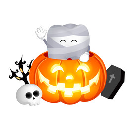 Cartoon mummy tooth character and scared pumpkin with candle inside. Trick or treat, Halloween concept illustration.