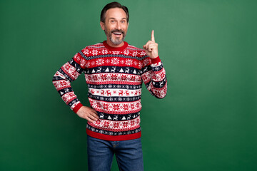 Fototapeta premium Photo portrait bearded man in sweater smiling got brilliant idea pointing up isolated pastel green color background