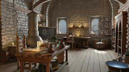 Fantasy alchemy laboratory 3d illustration
