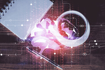 Double exposure of brain sketch and table top veiw. Concept of data analysis. © peshkova