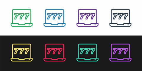 Set line Laptop and slot machine with lucky sevens jackpot icon isolated on black and white background. Online casino. Vector