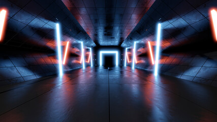 Three dimensional render of mysterious gate glowing at end of futuristic corridor illuminated by blue and orange neon lighting