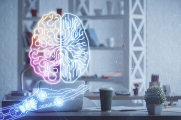 Double exposure of brain drawing and office interior background. Concept of data technology.