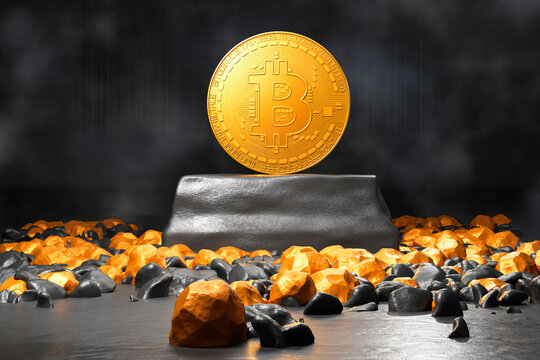 Three dimensional render of Bitcoin standing inside gold mine