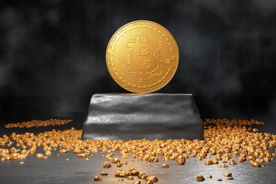 Three dimensional render of Bitcoin standing inside gold mine