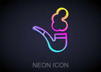 Glowing neon line Smoking pipe with smoke icon isolated on black background. Tobacco pipe. Vector