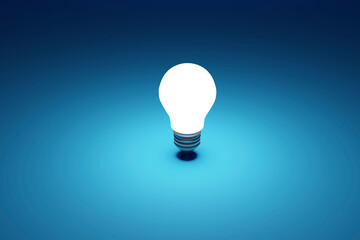 Three dimensional render of single light bulb glowing against blue background