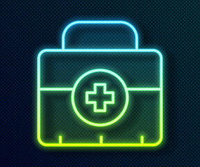 Glowing neon line First aid kit icon isolated on black background. Medical box with cross. Medical equipment for emergency. Healthcare concept. Vector