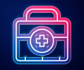 Glowing neon line First aid kit icon isolated on blue background. Medical box with cross. Medical equipment for emergency. Healthcare concept. Vector