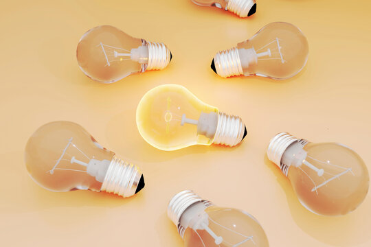 Three dimensional render of bunch of light bulbs with single one glowing