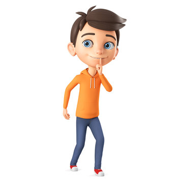 Cartoon boy character in orange sweatshirt walks without breaking the silence. 3d render illustration.