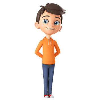 Modest cartoon character boy in an orange sweatshirt hid his hands behind his back. 3d render illustration.