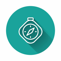 White line Compass icon isolated with long shadow background. Windrose navigation symbol. Wind rose sign. Green circle button. Vector
