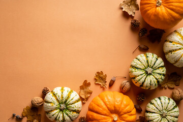Happy Thanksgiving day postcard design. Flat lay pumpkins, dry oak leaves, acorns, cones on orange...