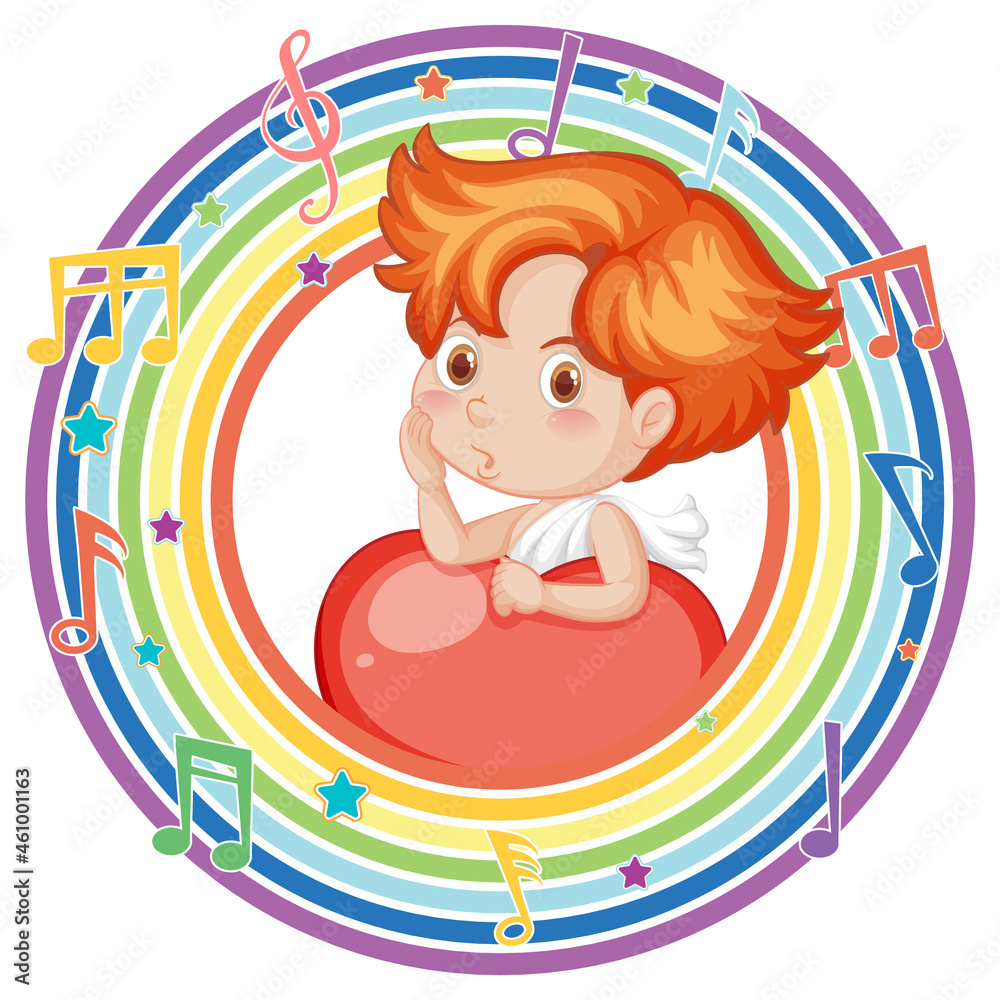 Sticker cupid in rainbow round frame with melody symbol