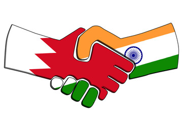 Handshake of countries with wavy flags. Business partnership connection concept of the Bahrain and India. Trade cooperation, Political relations friendship and peace. illustration.
