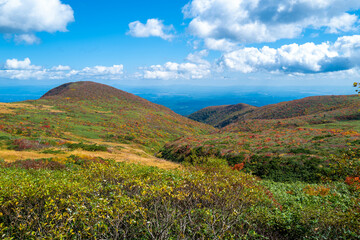 宮城県栗原市、秋田県湯沢市、雄勝郡東成瀬村、岩手県一関市にある栗駒山を紅葉の時期に登山する風景A view of climbing Mt. Kurikoma in Kurihara City, Miyagi Prefecture, Yuzawa City, Akita Prefecture, during the autumn foliage season.