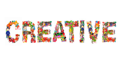 the word Creative with lots of small toys