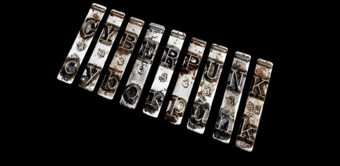 vintage old typewriter hammers  with the word cyberpunk
