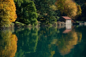 autumn Italian landscape with lake, green and yellow reflections on water