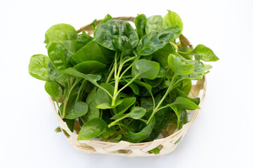 Watercress in bamboo basket on white background