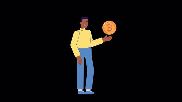 animation of male character with Bitcoin. Electronic Cryptocurrency Blockchain bank Technology. digital currency, investment concept. gold coin 2d flat design with ALPHA channel and luma matte 