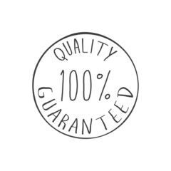 Banner con frase Quality Guaranteed 100 por ciento manuscrito en círculo en color gris