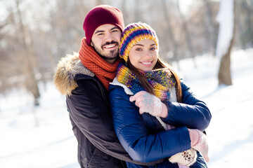 Profile side photo of young attractive couple happy positive smile dream hug cuddle embrace love romantic
