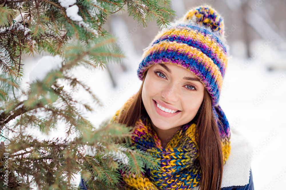 Sticker photo of young attractive woman happy positive smile forest winter snow wear colorful hat adorable p