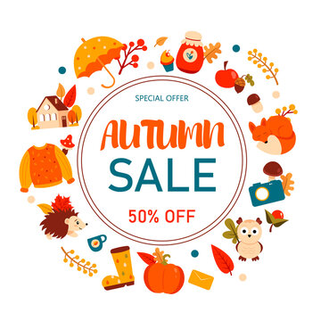 Autumn sale banner with colorful elements. Vector illustration.