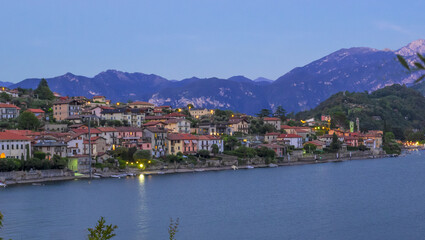 Fototapeta na wymiar village on Como lake at blue hour, Lombardy, Italy.