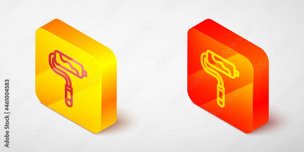 Sticker Isometric line Paint roller brush icon isolated on grey background. Yellow and orange square button. Vector