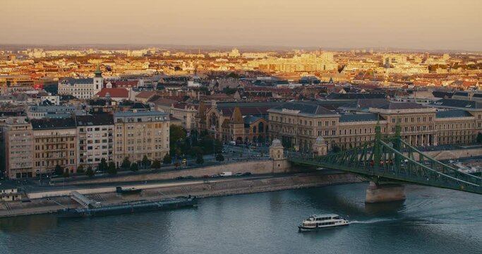 Budapest, Liberty Bridge from Gellert Hill at sunset