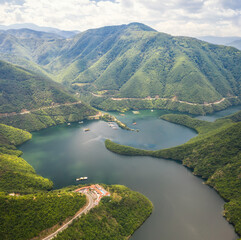 Fototapeta na wymiar Aerial panoramic view of Vacha Dam in Rhodope Mountain, Bulgaria