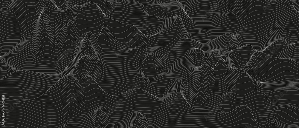 Poster abstract background with distorted line shapes on a black background. monochrome sound line waves.
