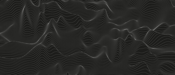 Abstract background with distorted line shapes on a black background. Monochrome sound line waves.